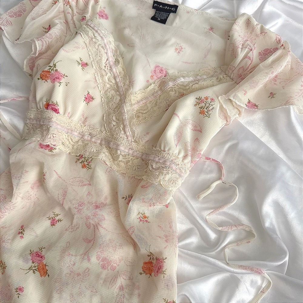 FANG Vintage Floral Mesh Lace Trim Top Cream Pink Empire Waist Flutter Sleeve M